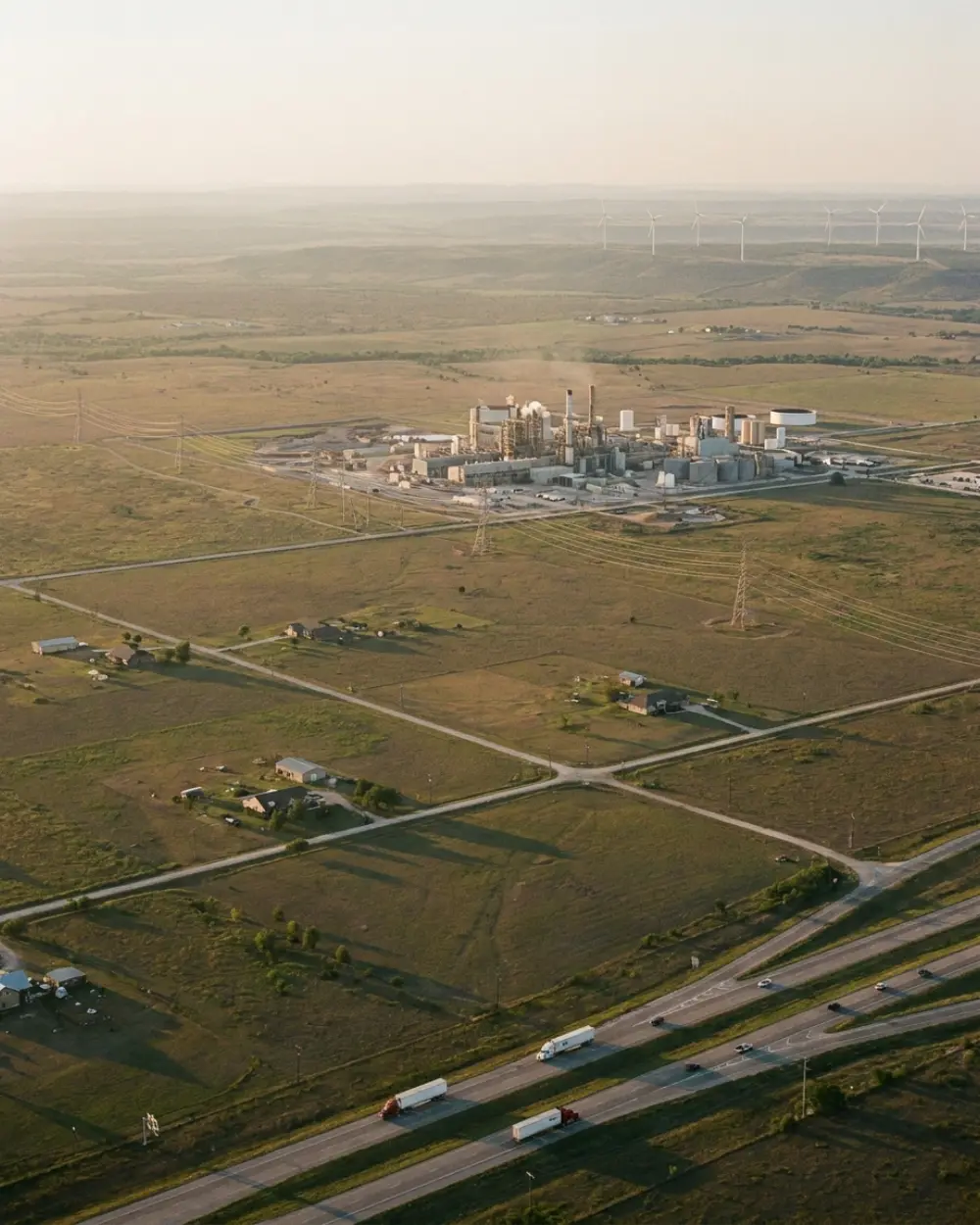 Aerial view of a Texas industrial plant, transmission lines and highway at golden hour