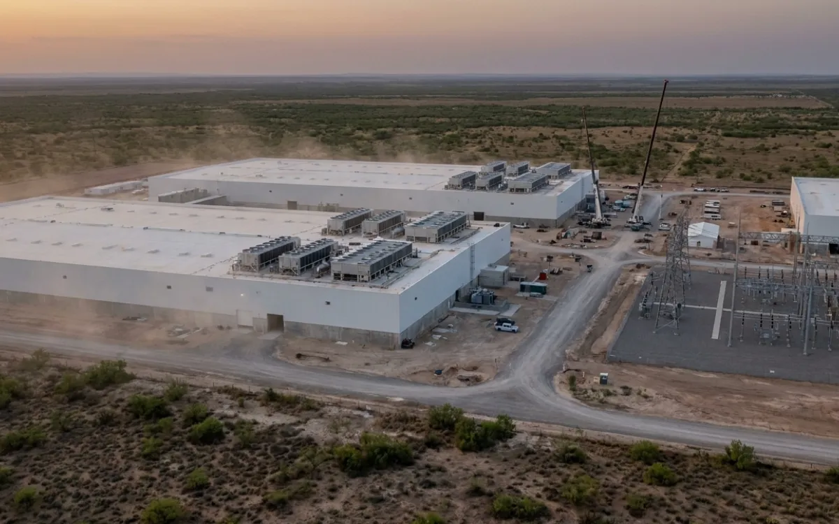 Aerial view of a data center campus under construction on West Texas ranch land