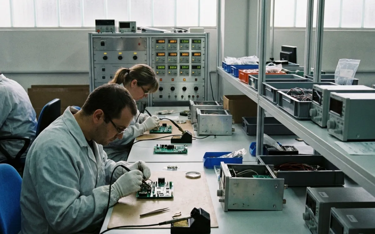 Technicians assembling industrial measurement instruments at a factory bench