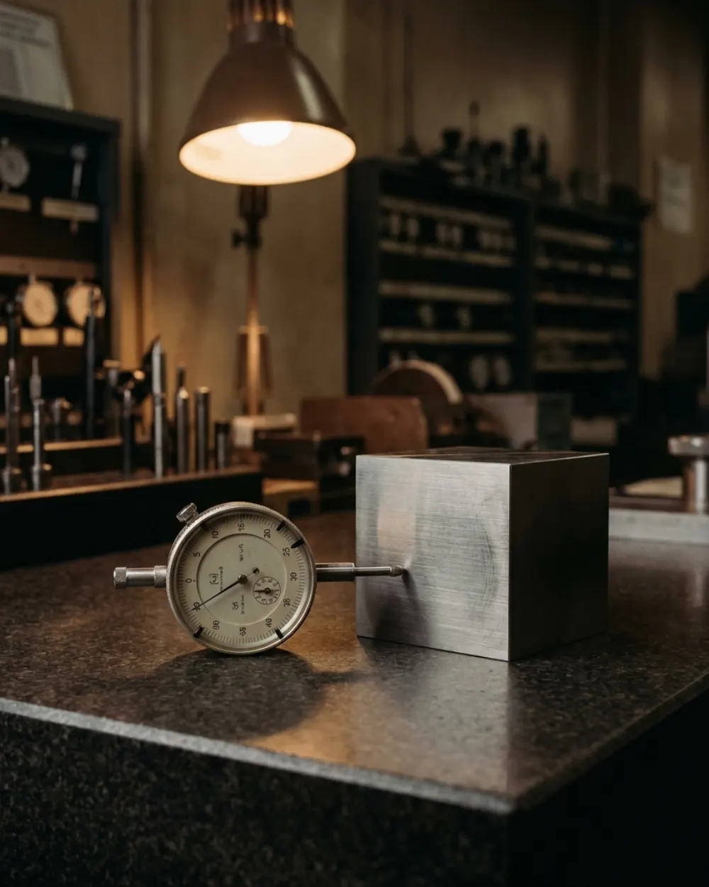 Dial indicator measuring a machined steel block on an inspection table