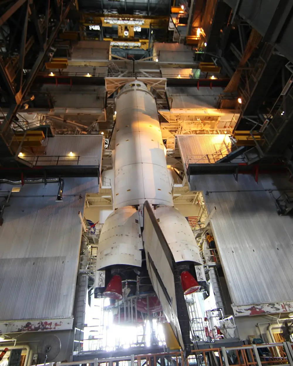 Spacecraft stacked inside a high bay of a vehicle assembly building
