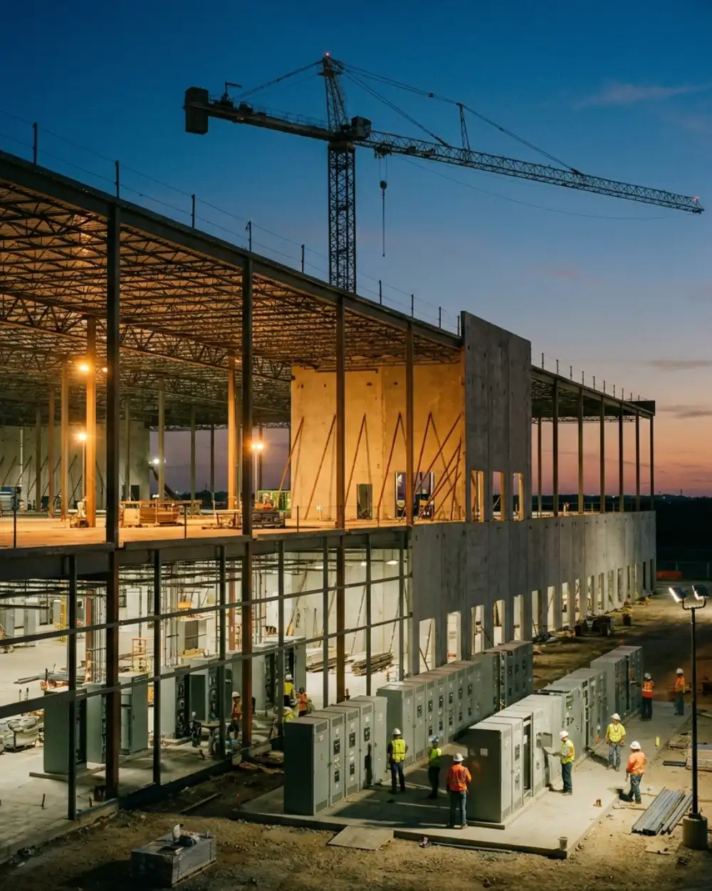 Data center under construction at dusk with tower crane and switchgear