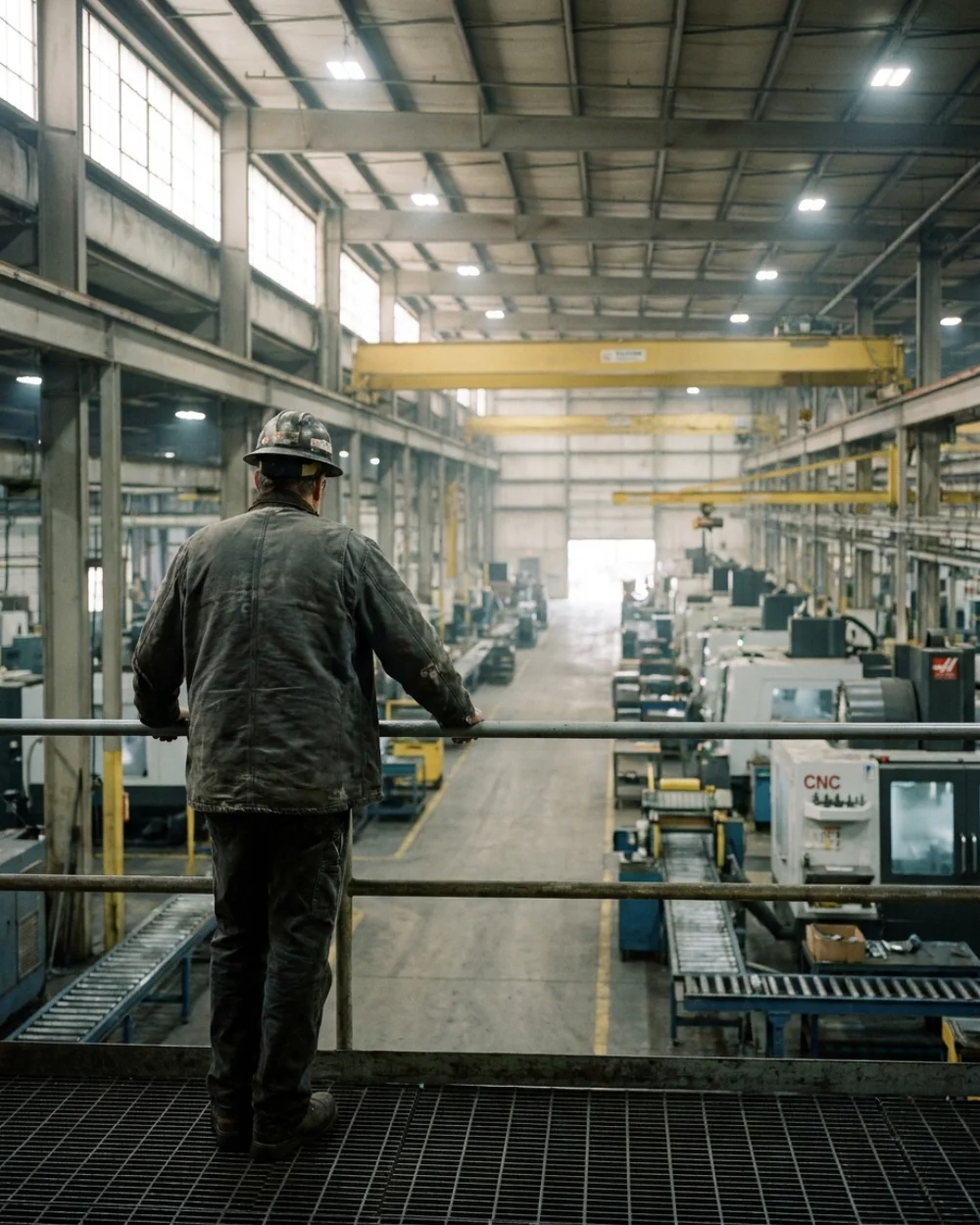 Plant manager on a mezzanine walkway overlooking a CNC production floor