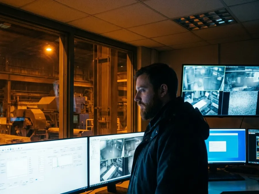 Engineer in a plant control room watching production and machine vision screens