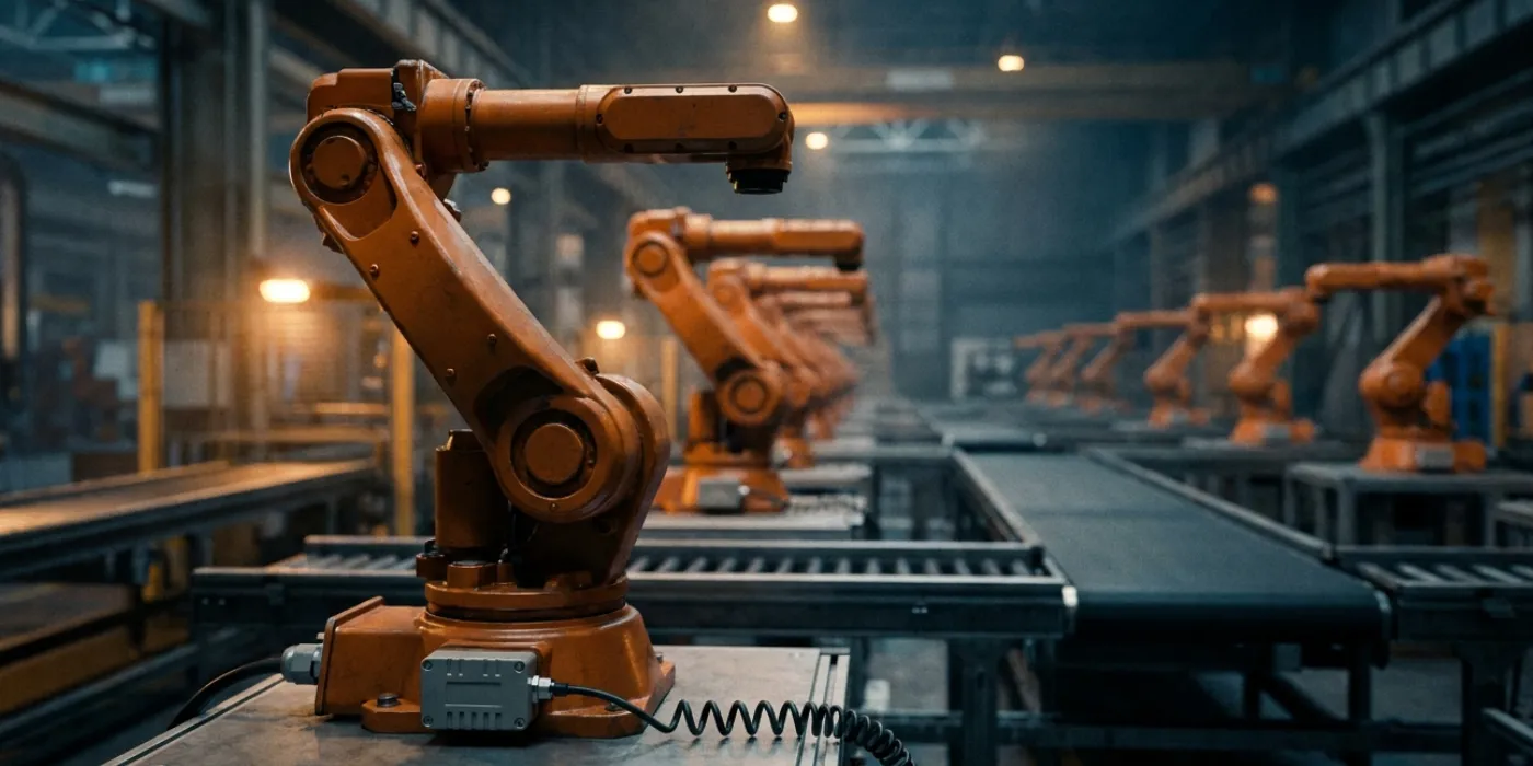 Row of industrial robot arms on an assembly line, one fitted with a condition-monitoring sensor