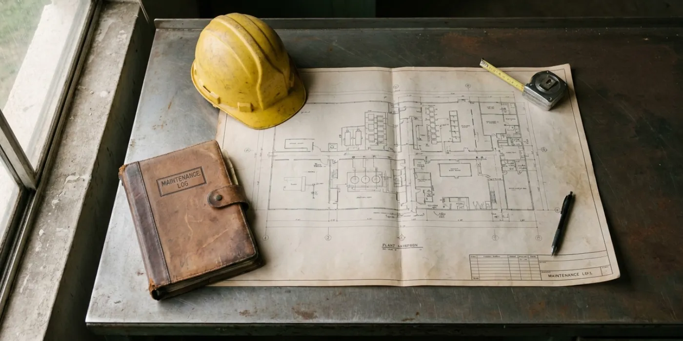 Plant layout drawing, hard hat and maintenance log on a steel workbench