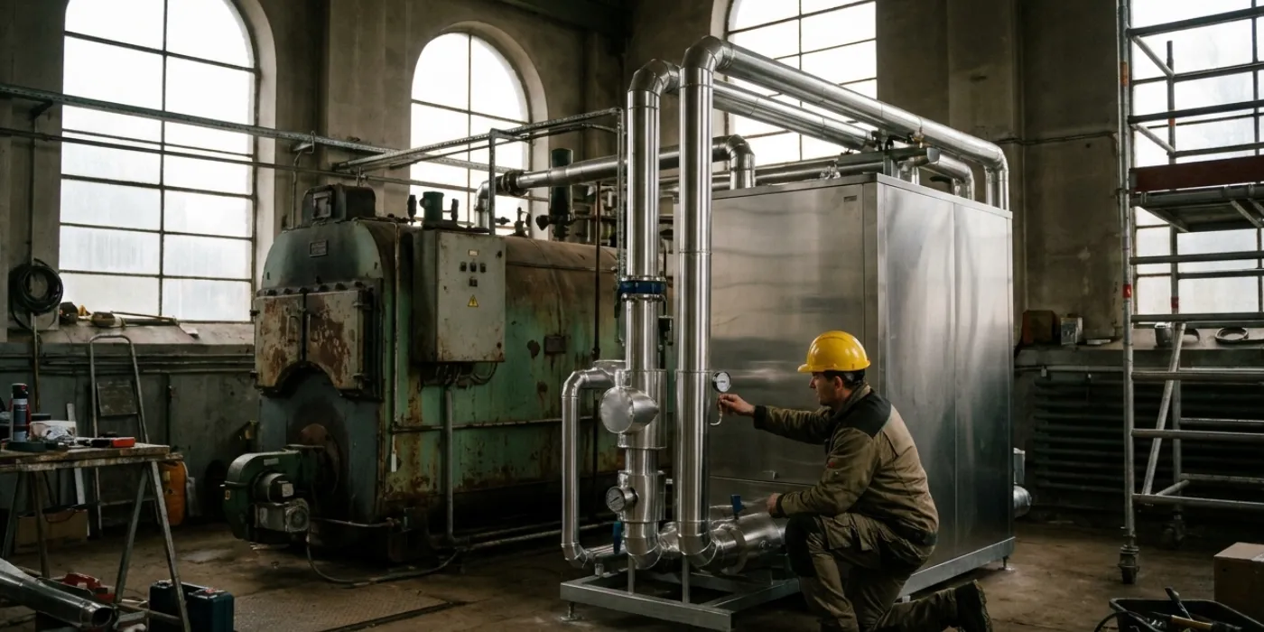 Engineer checking a new heat pump installed beside an older boiler in a plant utility hall